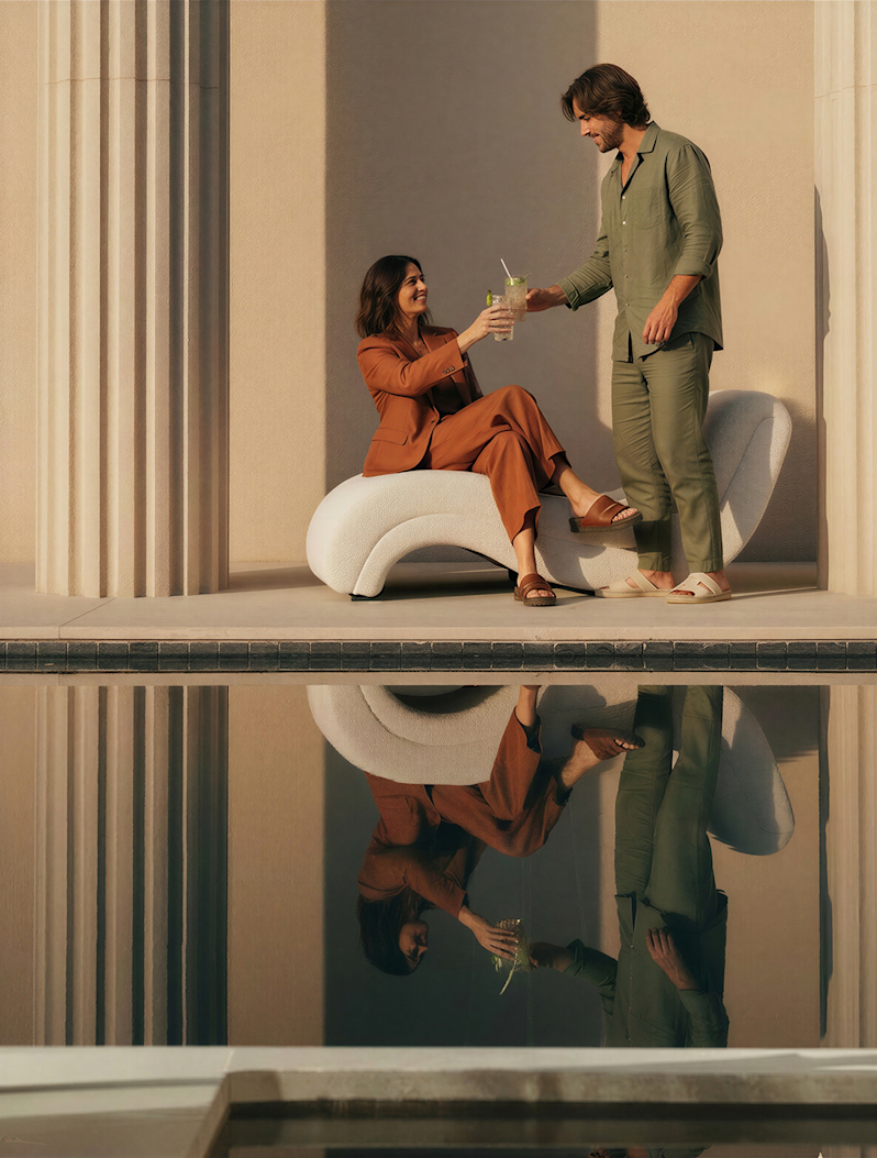 A man and woman in fashionable suits toasting with drinks next to a luxury pool with a crisp reflection.