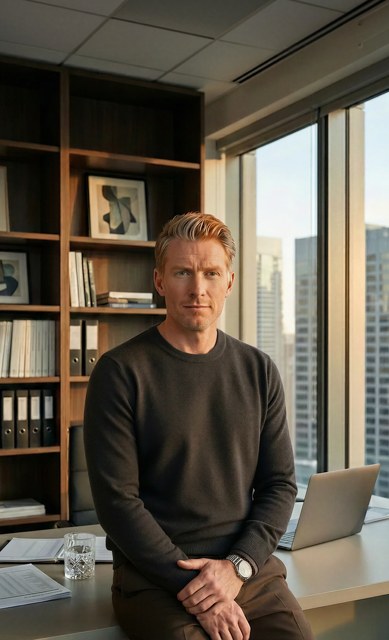 Professional corporate headshot of a business executive or investment manager in smart-casual office attire. The executive portrait showcases modern leadership in a corporate high-rise office setup with background city views.
