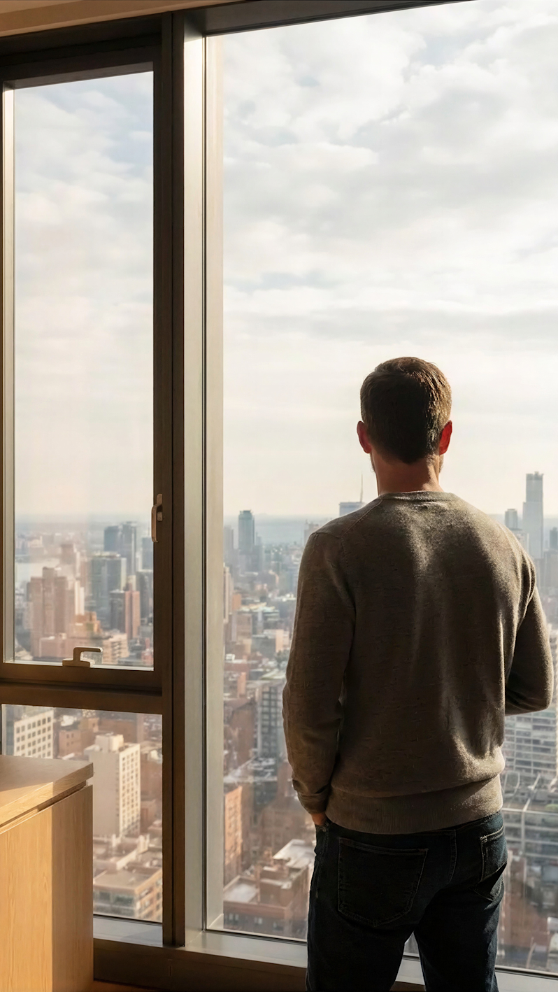 Man looking at the city out his window