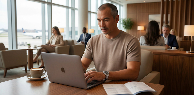 Male business traveler working remotely on his laptop computer inside a modern luxury airport departure lounge while waiting for his flight.