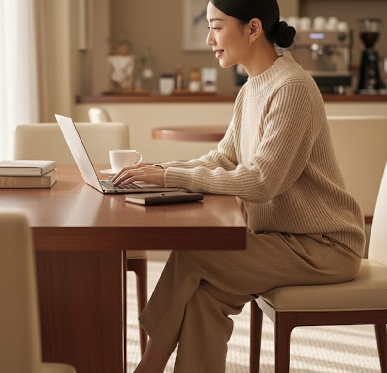 A young professional woman wearing a beige sweater smiling while doing an interview in a cozy, softly lit cafe with a coffee cup beside her.