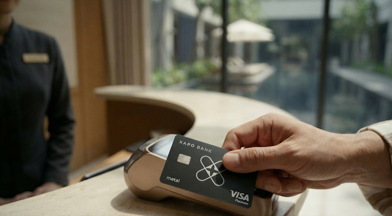 Customer completing a secure, contactless tap-to-pay transaction using a premium Xapo Bank metal debit card at a high-end resort checkout.
