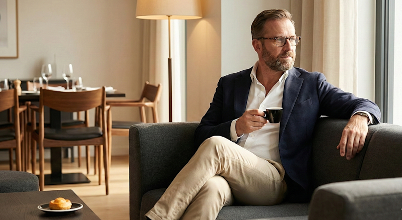 Man sitting in a hotel drinking coffee peacefully