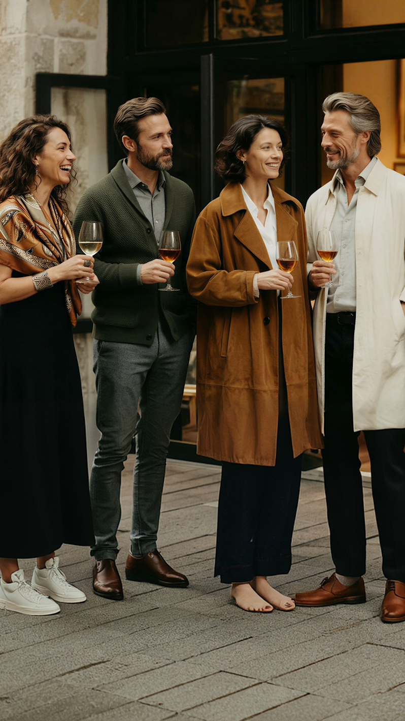 Four well-dressed adults talking and holding wine glasses outdoors during a social gathering.