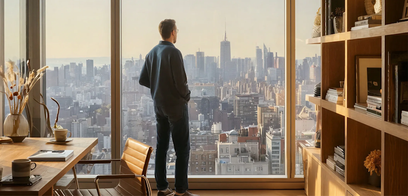 A man in a high-rise office looking out a panoramic window at the New York City skyline.