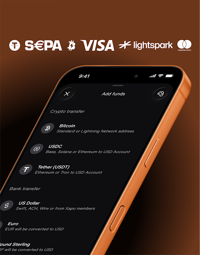 Fintech smartphone application user interface showing diverse payment deposit options including cryptocurrency networks like Bitcoin Lightning, Ethereum, and Solana alongside fiat banking networks like SWIFT and ACH.