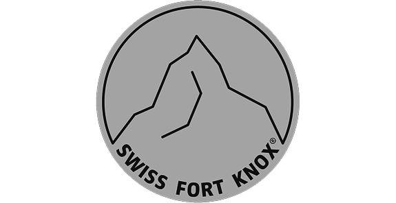Official Swiss Fort Knox data security certification emblem. The circular grey brand badge represents ultra-secure cloud storage, physical server infrastructure hidden in the Swiss Alps, high-grade data encryption, and maximum digital asset privacy.