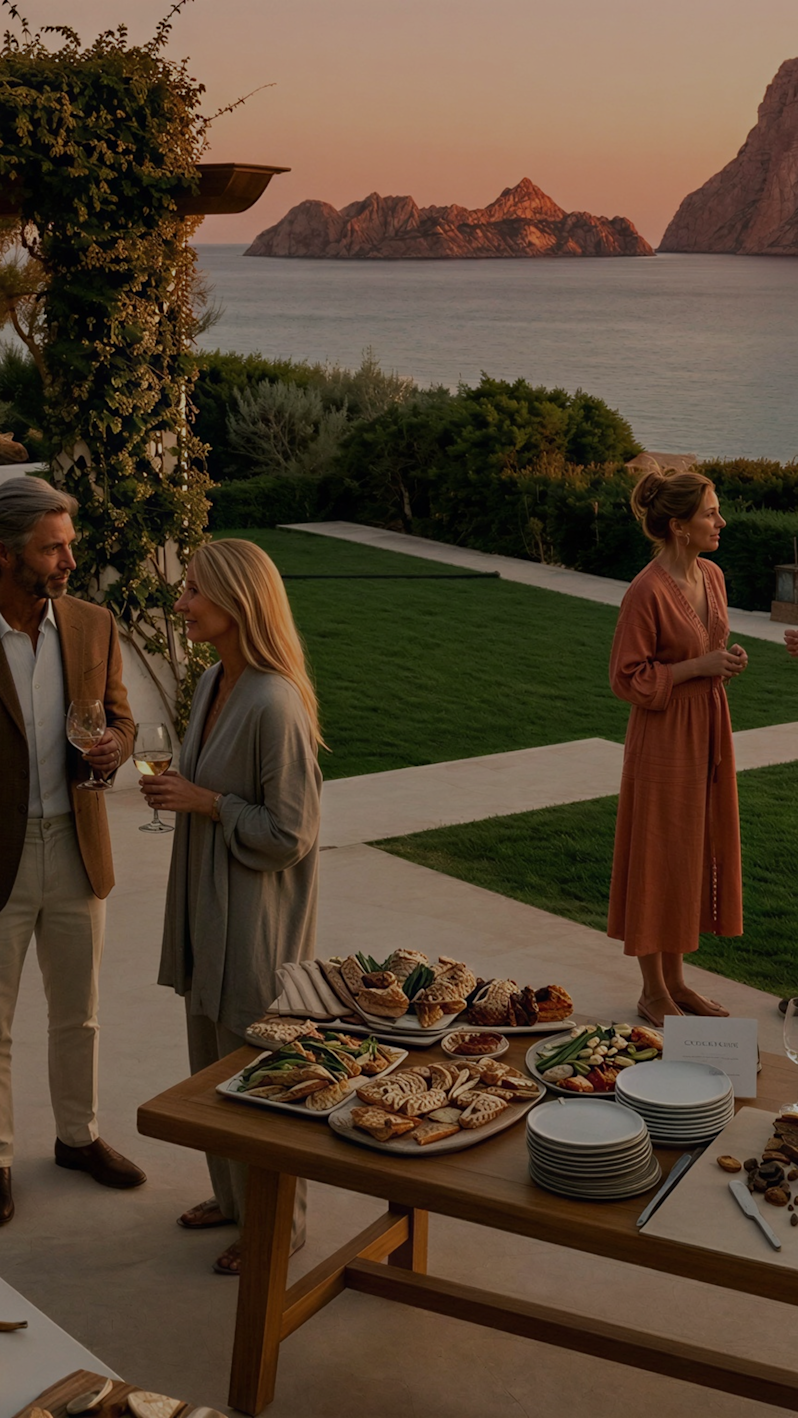 Sophisticated sunset catering event featuring a gourmet food spread on a patio terrace, illustrating luxury coastal travel, open-air dining, and premium hospitality.