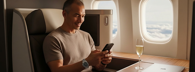 Male corporate traveler enjoying premium first-class flight service, using his phone with a glass of sparkling wine on board a luxury commercial aircraft.