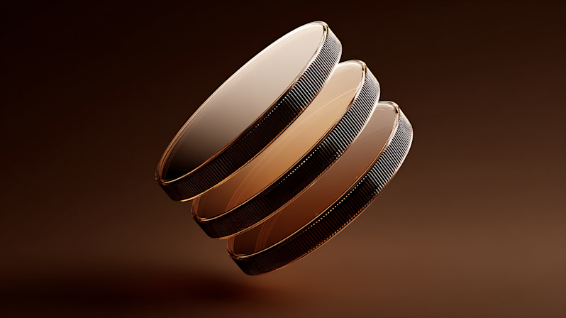 Abstract 3D render of floating copper tokens or blank coins, representing wealth accumulation, digital currency, and premium financial assets in a minimalist design.