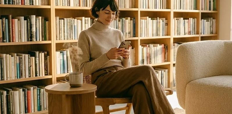 A smiling woman in a beige turtleneck sitting in a wooden chair in front of a large bookshelf, looking at her smartphone with a steaming mug of coffee on a side table.