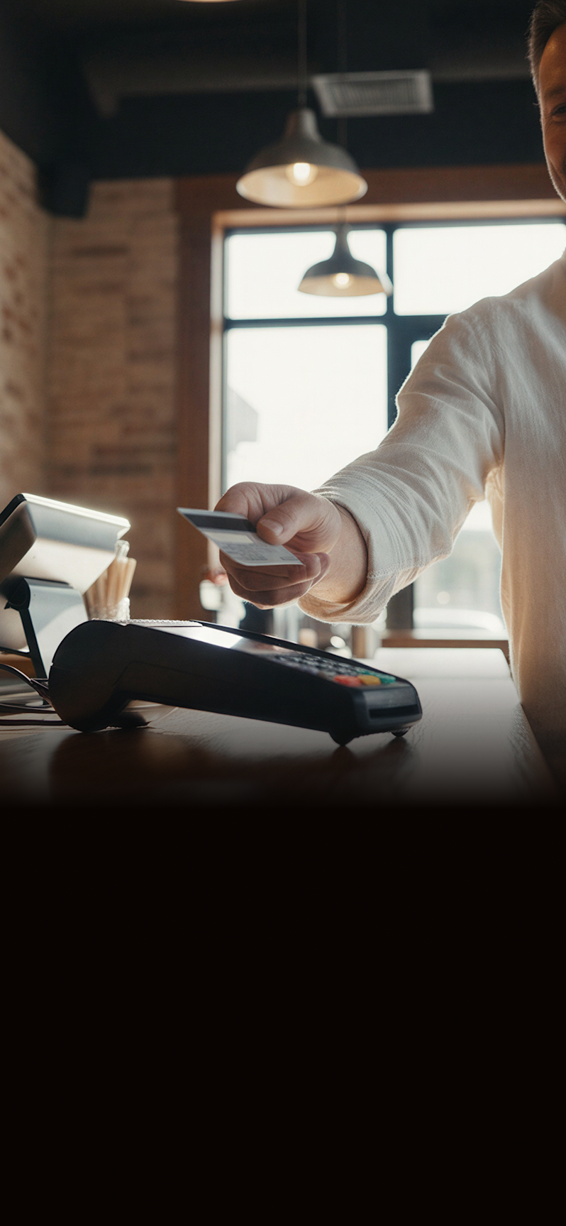 Customer completing a credit card transaction at a shop checkout counter, using a retail point-of-sale terminal machine for a secure payment.