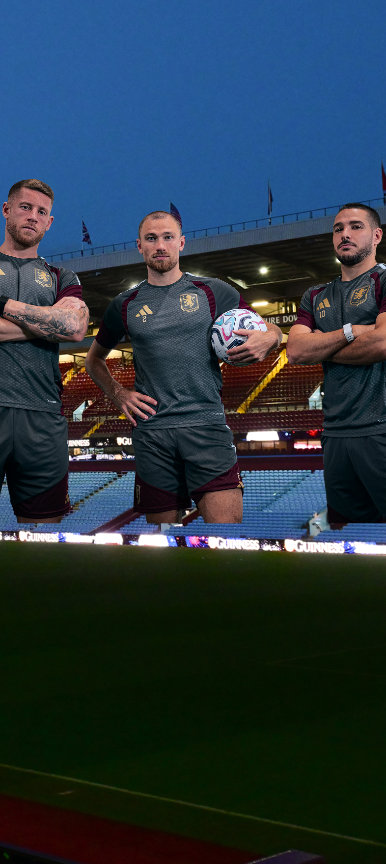 Ross Barkley, Matty Cash and Emiliano Buendía standing in front of the Aston Villa Stadium