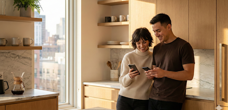 Happy young man and woman using mobile apps in a luxury apartment kitchen featuring marble countertops, floating shelves, and a large window overlooking a city skyline.