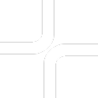 A minimalist geometric graphic on a white background, featuring thin grey outlines that create two curved, intersecting pathways resembling an abstract crossroad or highway cloverleaf junction.