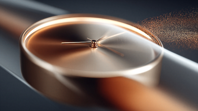 A macro close-up of a minimalist rose gold watch face with thin hands, featuring a dynamic motion blur and glowing particles dissolving from the edge, symbolizing the passing of time.