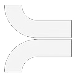 A minimalist geometric graphic on a white background featuring two solid white, thick parallel pathways with thin grey outlines that run horizontally on the right and curve smoothly outward to the top and bottom left.