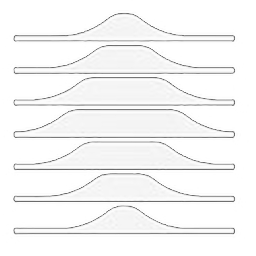 A minimalist geometric graphic on a white background featuring seven stacked horizontal line shapes with light grey fills and thin dark outlines, each swelling symmetrically into an abstract curve or bell-curve wave in the center.