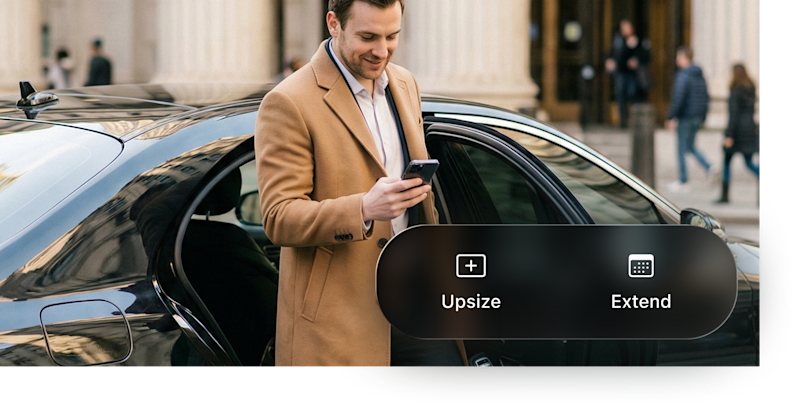 A young male professional checking his mobile app or booking a ride service while stepping out of a luxury corporate car. The image highlights premium black car chauffeur services, urban executive travel, and modern mobile connectivity.