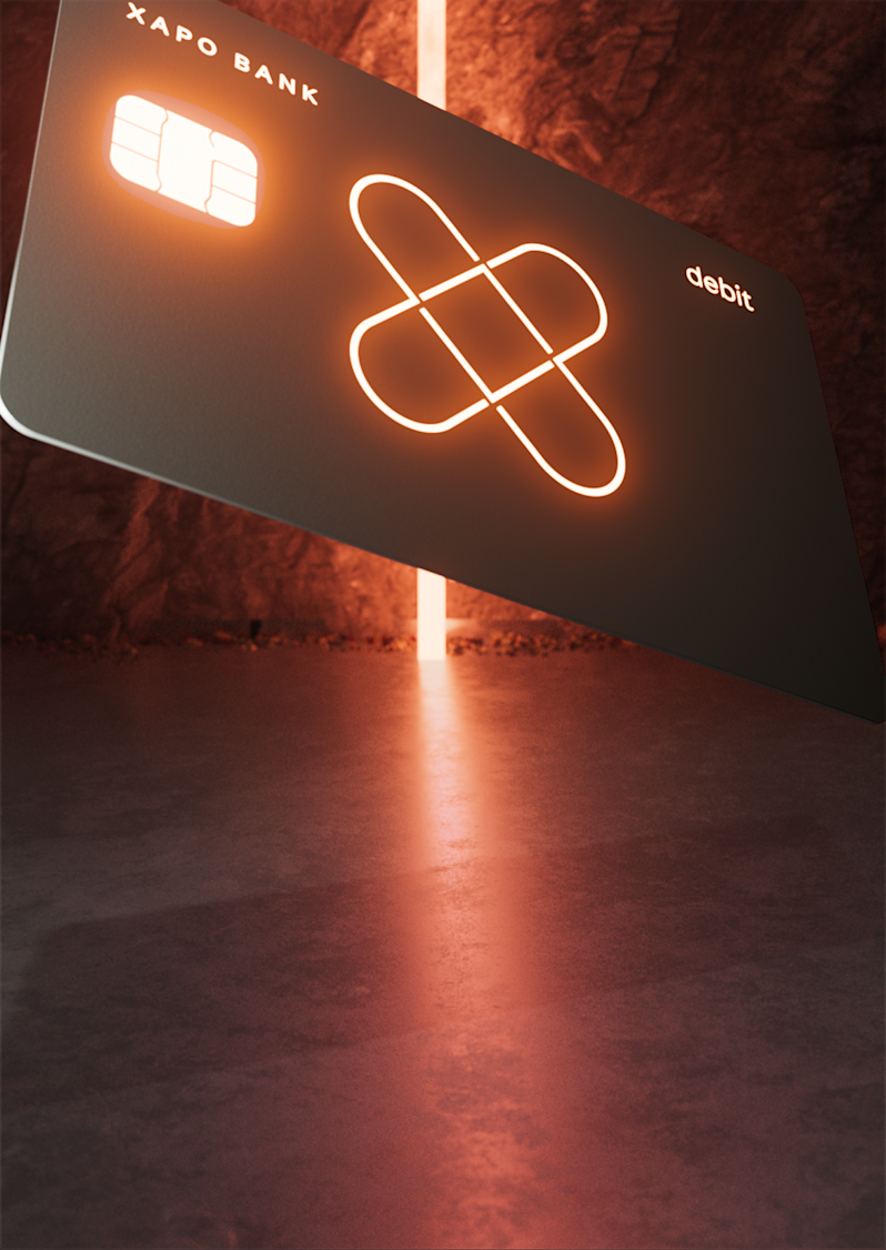 Premium Xapo Bank Bitcoin debit card design showcase, illustrating institutional-grade asset security with an abstract physical vault background and a modern, minimalist card layout featuring illuminated neon branding.