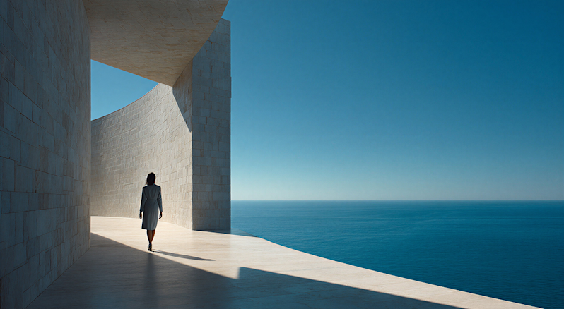 A woman in a grey coat walking along a modern, open-air stone terrace with a curved geometric wall, looking out toward a calm, deep blue ocean under a clear sky.