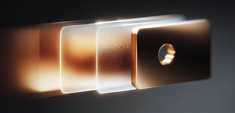 An abstract close-up showing the layers of a metallic bronze and glass tech component.