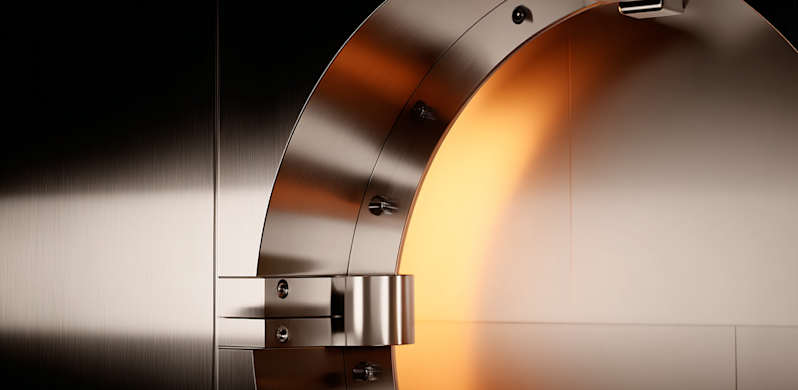 An open premium steel bank vault door representing secure asset protection and financial data safety. The industrial image highlights high-security storage, physical gold reserves, encrypted digital wallets, and institutional wealth management solutions.