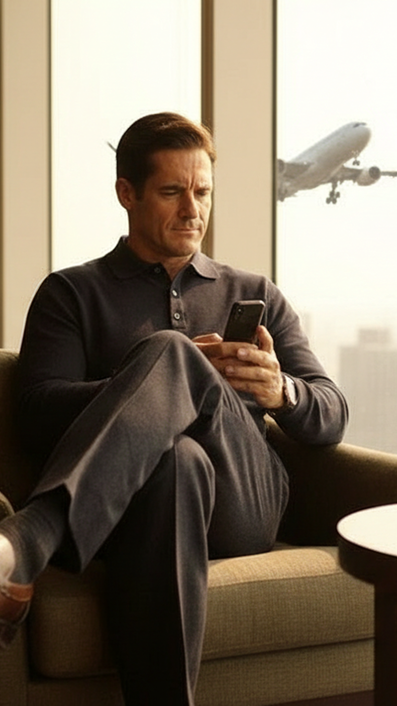 Business traveler checking his phone in a luxury airport departure lounge, staying connected while waiting for his flight with a plane taking off in the background.