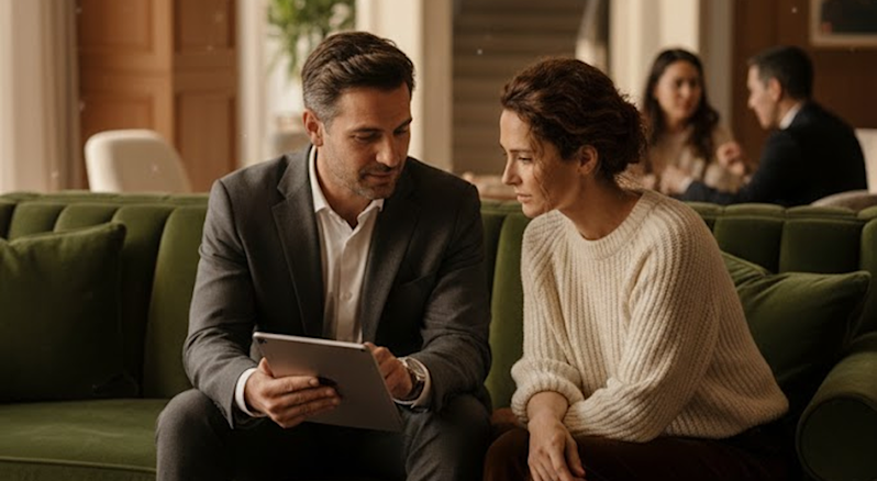 A professional business consultant reviewing data on a tablet with a client during a collaborative strategy session inside an upscale hotel lobby or private corporate club lounge.