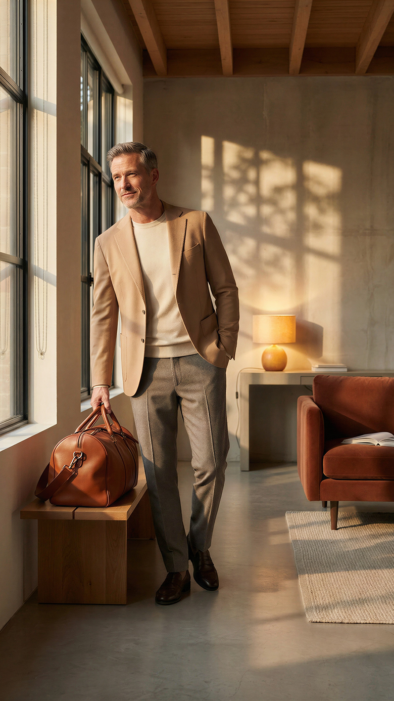 Sophisticated male traveler in smart-casual attire waiting in a luxury hotel room or modern home during golden hour, holding a premium leather duffel bag ready for a weekend getaway.