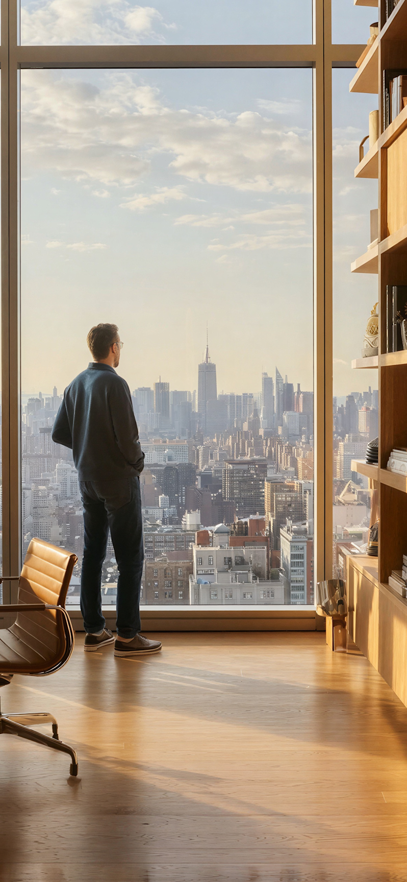 A man in a navy jacket and jeans stands looking out a large floor-to-ceiling office window at the New York City skyline, with the Empire State Building visible in the background.
