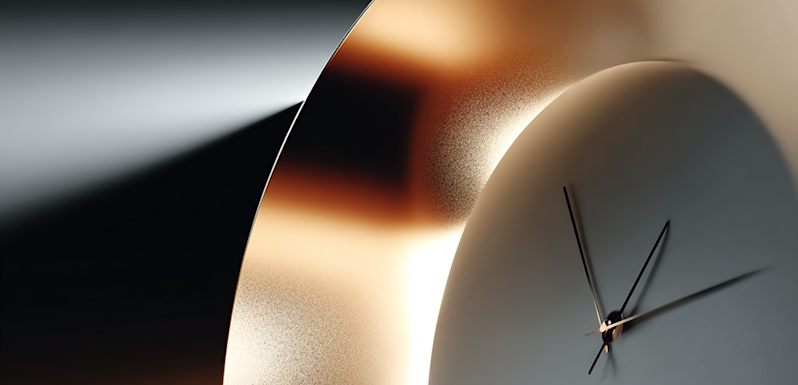 An abstract minimalist clock face next to a curved, polished gold metal panel catching light.