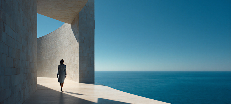 A woman walking through a modern, minimalist white stone architectural structure overlooking a vast, calm blue ocean under a clear sky.