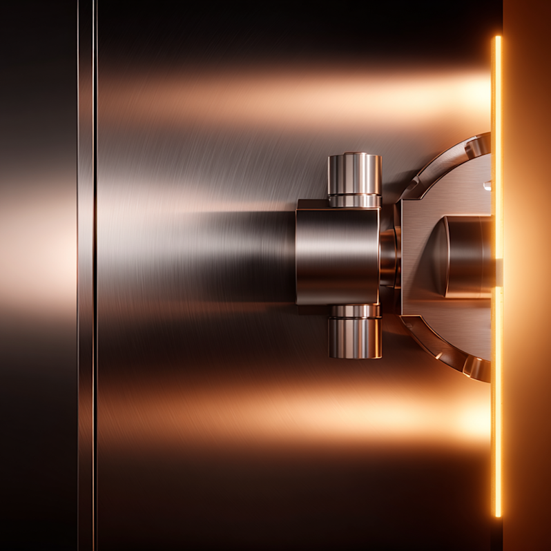 An abstract physical representation of high-security data vault encryption, showcasing heavy-duty industrial locking mechanisms, brushed metallic bronze panel textures, and secure asset protection design.