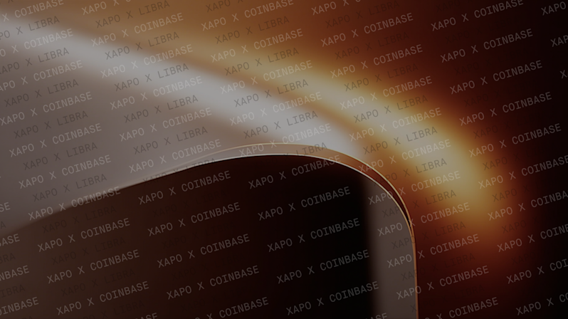 A stylized corporate partnership background graphic featuring alternating text lines for Xapo, Coinbase, and Libra collaborations over a modern, abstract metallic brown pattern with cinematic light leaks.
