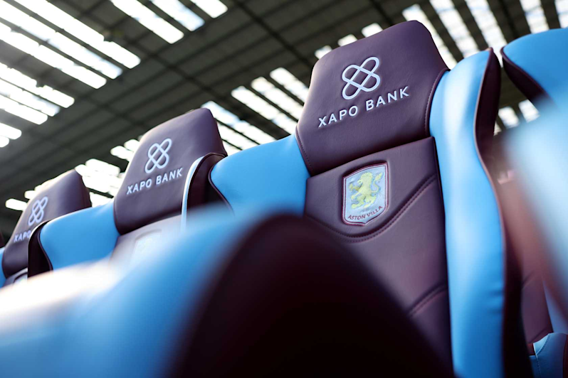 Aston Villa Stadium seats with the Xapo Bank logo stitched in