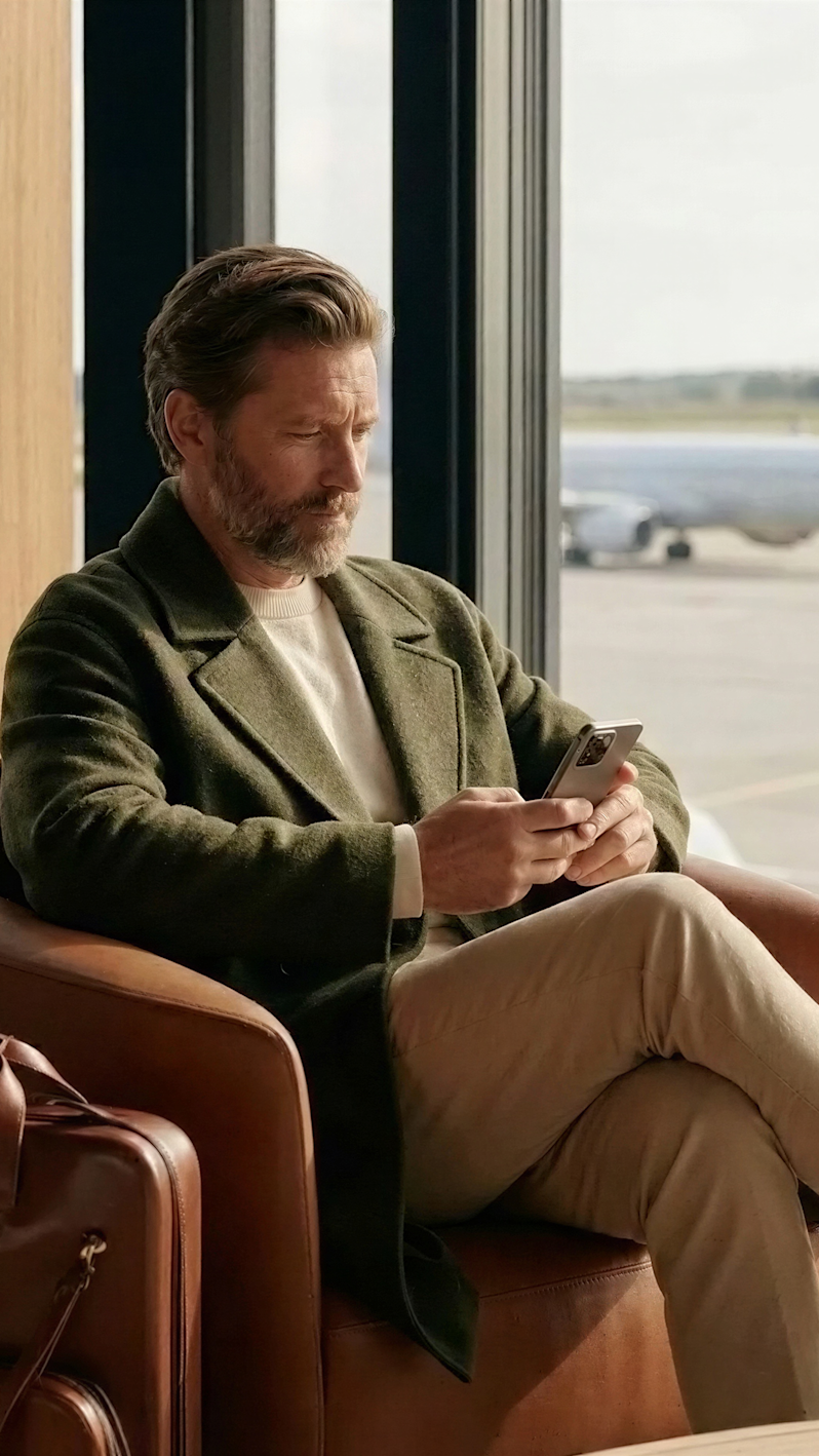 Sophisticated male traveler using a mobile app while waiting in a luxury airport departure lounge, showcasing elegant winter smart-casual menswear and a leather briefcase.