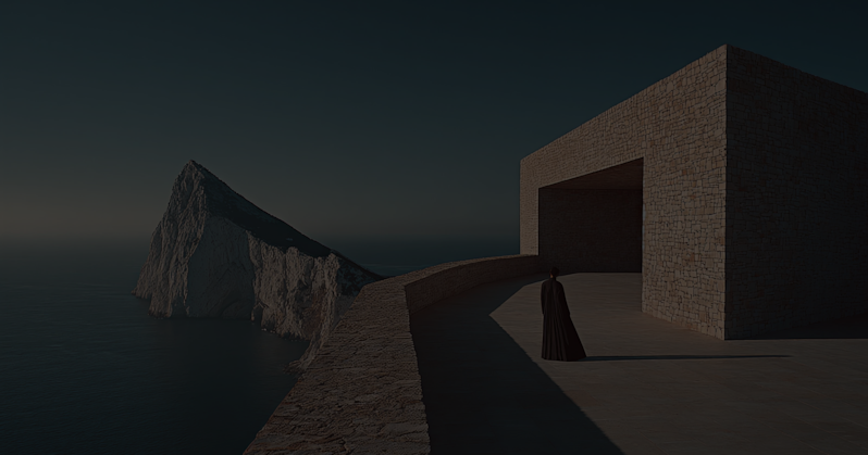 A person in a long black cloak stands on a modern stone terrace at twilight, overlooking a dark sea with a steep, dramatic rocky cliff island in the background near a minimalist block structure.