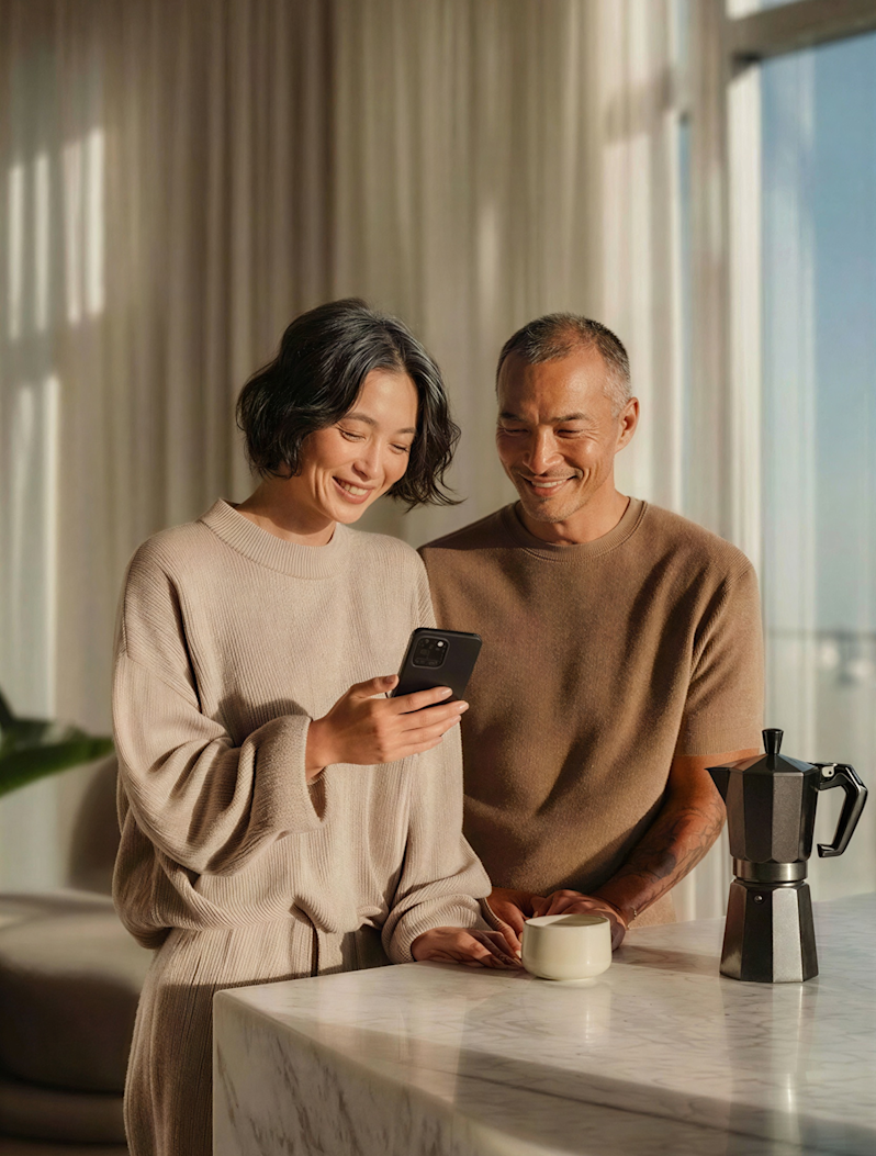 A happy mature couple using a mobile smartphone application together in their modern home kitchen. The portrait highlights digital finance tracking, convenient online banking apps, modern home internet connectivity, and peaceful retirement lifestyles.