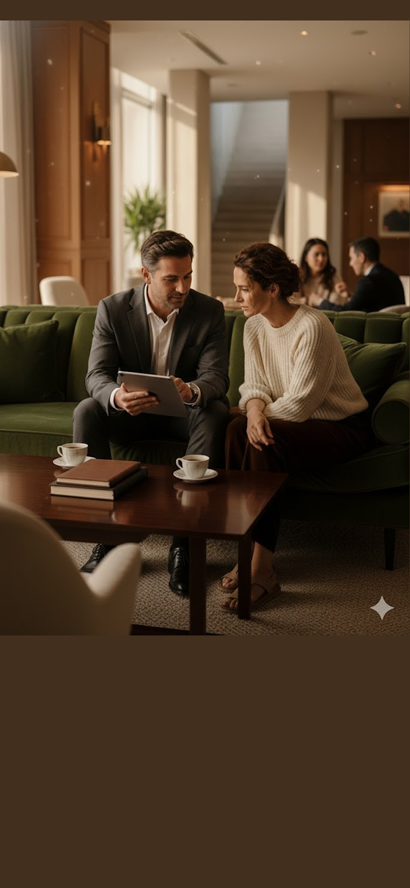 Financial advisor or consultant conducting a client meeting using a tablet in a premium corporate lounge, discussing investment strategies or luxury real estate over coffee.