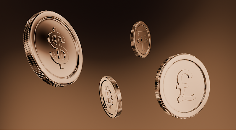 3d coins (usd, btc, pound, euros, stablecoins) spinning