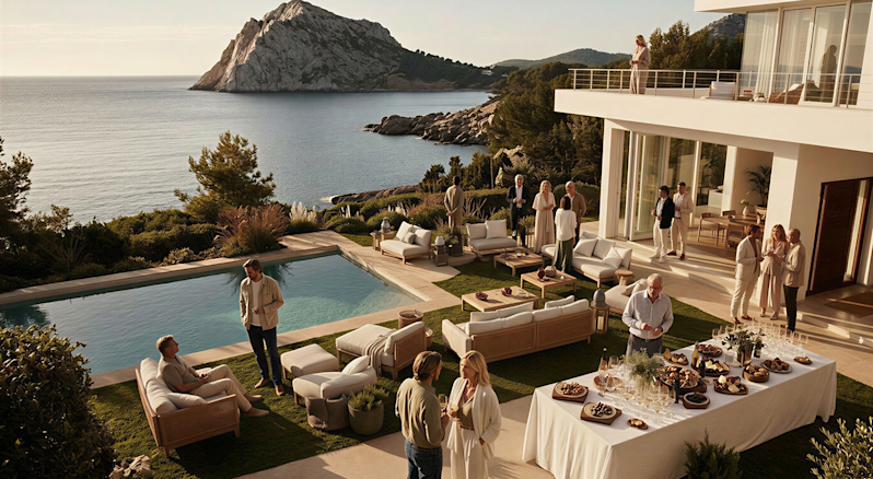 Sophisticated open-air social gathering at a premium Mediterranean-style coastal villa with a private infinity pool, illustrating high-end estate hospitality, catering, and luxury real estate lifestyle.