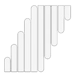 A minimalist geometric graphic on a white background featuring nine vertical rounded bar shapes arranged side-by-side, creating a stepped diagonal wave pattern that rises and falls.