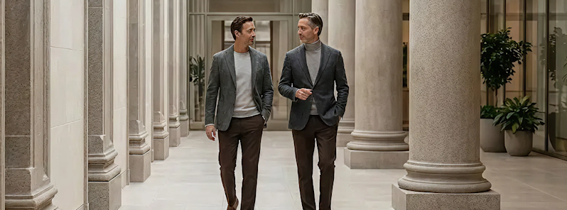 Sophisticated male business partners or colleagues conversing while walking through a luxury courtyard corridor, showcasing contemporary smart-casual style and executive lifestyle.