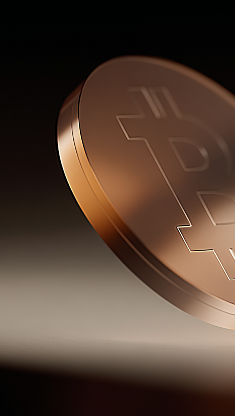 A metallic bronze Bitcoin cryptocurrency coin angled on a dark surface, illuminated by a dramatic beam of light.