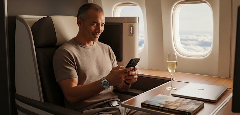 A business professional or luxury traveler working remotely during a first-class flight. The image highlights premium business class cabin amenities, inflight Wi-Fi connectivity, executive travel comfort, and luxury lifestyle experiences.