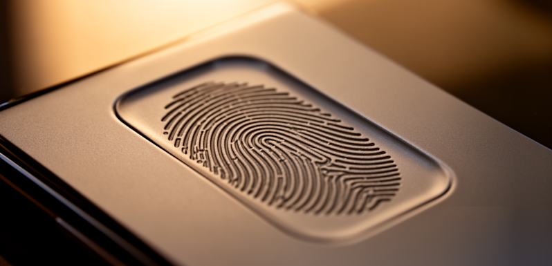 A premium biometric hardware security key showing a fingerprint scanner interface. The modern image represents identity verification, secure user authentication, advanced data encryption, mobile banking safety, and cybersecurity access control solutions.
