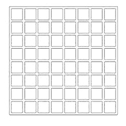Abstract vector wireframe grid layout showing an 8x8 matrix of rounded squares, ideal for modern tech user interface backgrounds, icon sheets, or design templates.