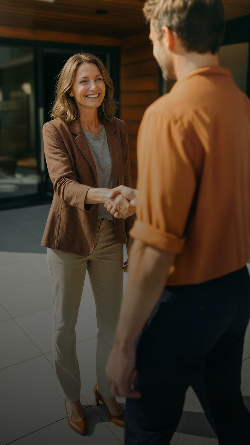 A female professional or real estate agent greeting a male client with a handshake outside a modern home or office, showcasing a successful business agreement and welcoming hospitality.