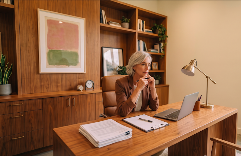 A woman sat at her desk being contemplative about something on her laptop